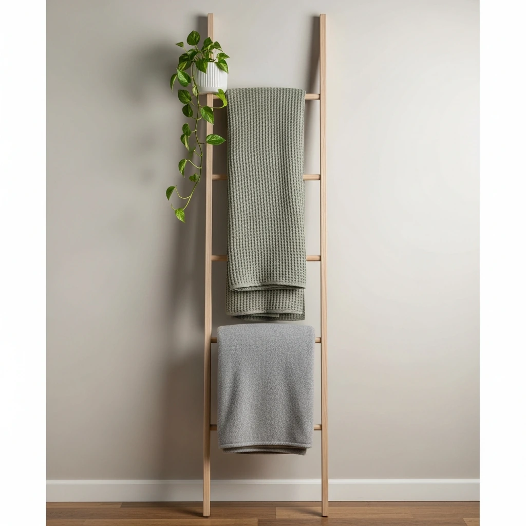 A tall, decorative leaning ladder made of smooth, pale ash wood resting against a neutral-toned wall. Draped elegantly over its rungs are a soft, waffle-weave linen throw in a muted sage green and a plush grey cashmere blanket. A small, trailing pothos plant in a white pot sits on the top rung, adding a touch of nature.