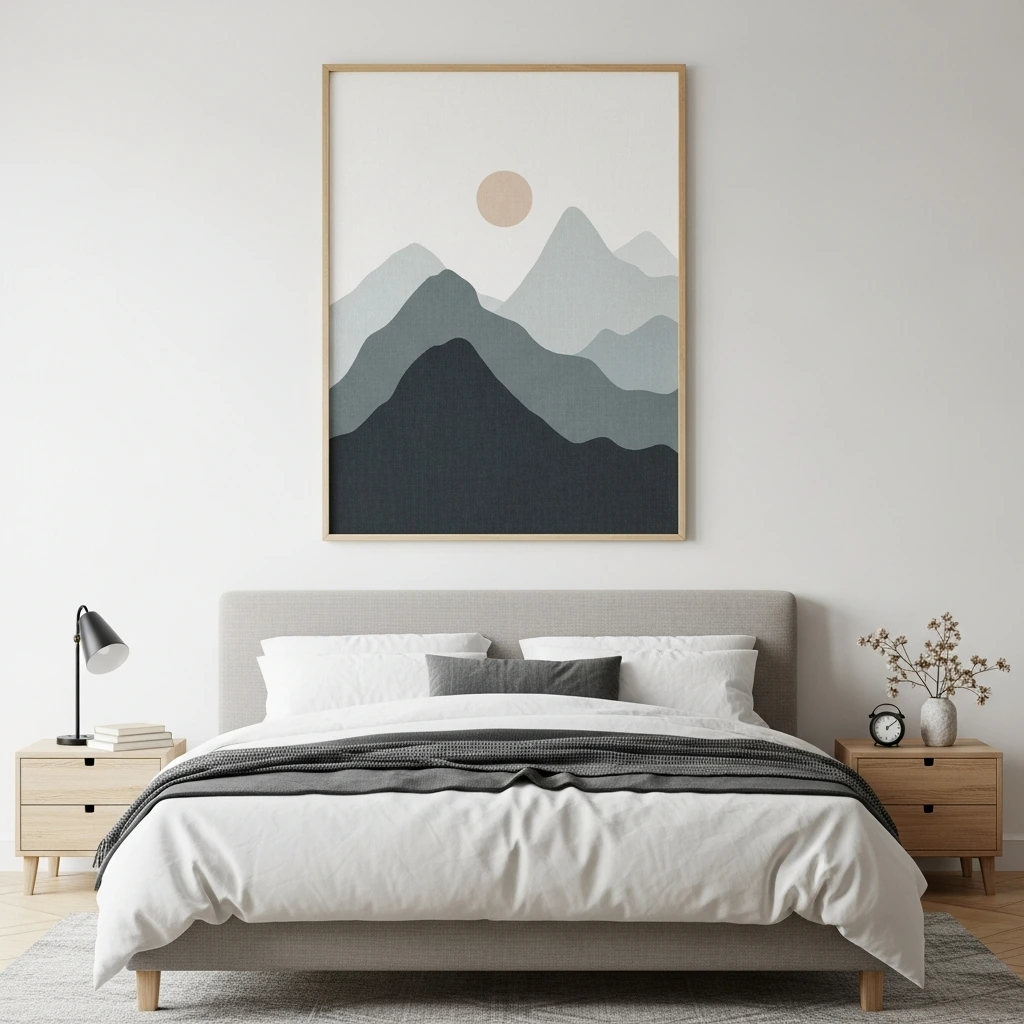 A minimalist wall art piece featuring a textured, abstract mountain range in muted tones of charcoal grey, dusty blue, and off-white. The art is printed on high-quality, thick cotton canvas and is framed in a thin, natural light oak frame, hanging centered above the bed's headboard.