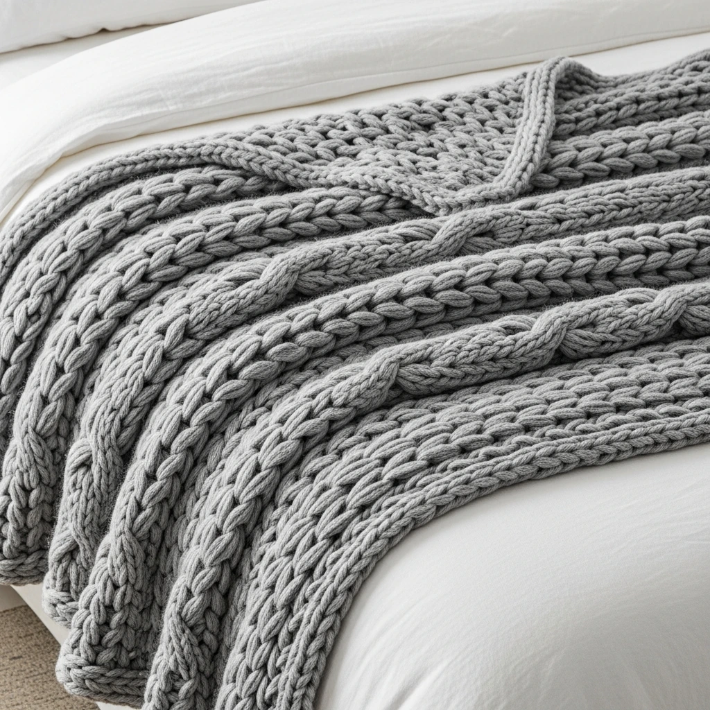 A chunky, hand-knitted merino wool throw blanket in a soft, heather grey color. The blanket has an oversized cable-knit pattern, providing significant texture and a sense of cozy warmth, and is casually draped across the foot of a white linen duvet cover.