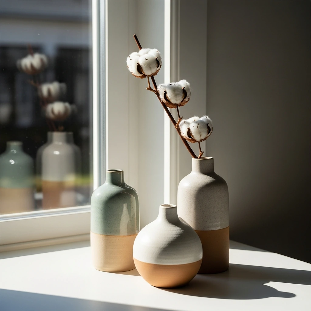 A set of three small, matte ceramic vases in organic, slightly irregular shapes, arranged on a windowsill. The colors are a cohesive Nordic palette of bone white, soft clay, and sage green. The tallest vase holds a single sprig of dried cotton, adding a touch of nature.
