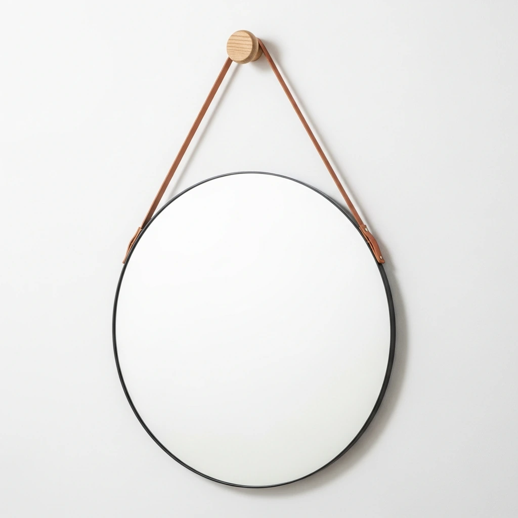 A large, round wall mirror with a very thin, minimalist black metal frame. It hangs from a thick, tan leather strap that is looped over a simple, round wooden peg made of beech wood, positioned on a plain white wall to reflect light and create a sense of space.