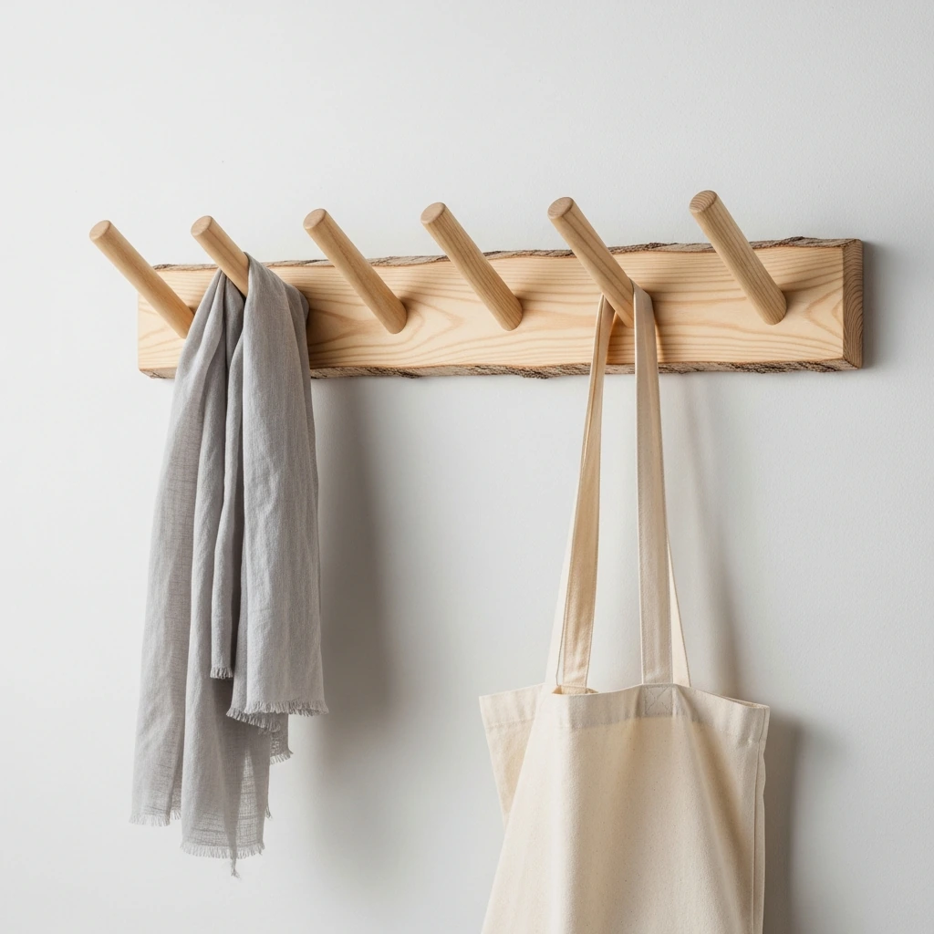 A functional yet beautiful wall-mounted coat rack made from a single piece of light birch wood, with five angled, cylindrical pegs. It's styled with a single, light grey linen scarf and a simple canvas tote bag hanging from the pegs, blending utility with minimalist aesthetics.