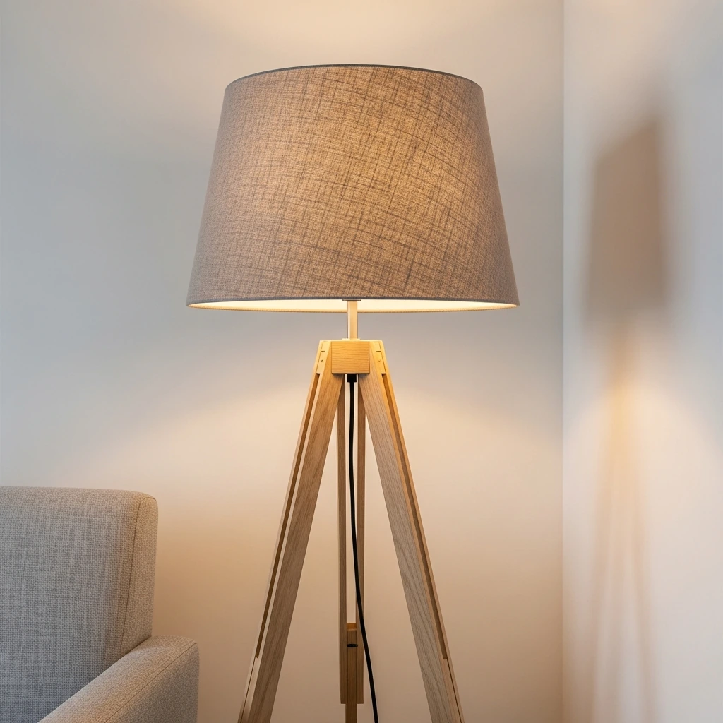 A tall, minimalist floor lamp with a slender tripod base made of pale, natural ash wood. It is topped with a large, cylindrical drum shade made of textured, off-white linen fabric. The lamp is positioned in a corner next to a light grey fabric armchair, casting a warm, soft, and inviting glow onto the reading nook.