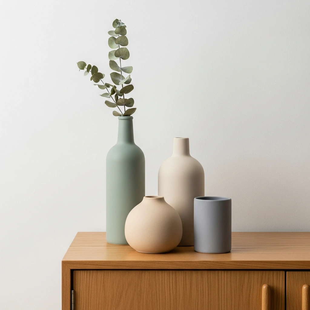 A curated cluster of three matte ceramic vases of varying heights and shapes on a light oak sideboard. The tallest is a slender bottle shape in a muted sage green, the middle is a stout, round vase in a sandy beige, and the smallest is a simple cylinder in a soft charcoal grey. A single, delicate branch of dried eucalyptus is placed in the tallest vase.
