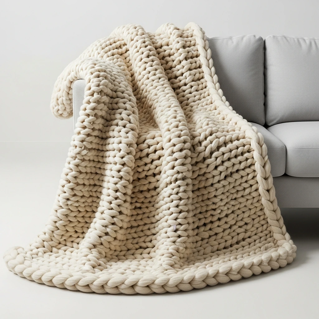 An oversized, chunky-knit throw blanket made from thick merino wool yarn in a creamy, natural ecru color. The blanket is casually draped over the arm of a minimalist sofa, its heavy texture and large loops creating a deep, cozy feel, contrasting with the sofa's smooth, light-colored upholstery.