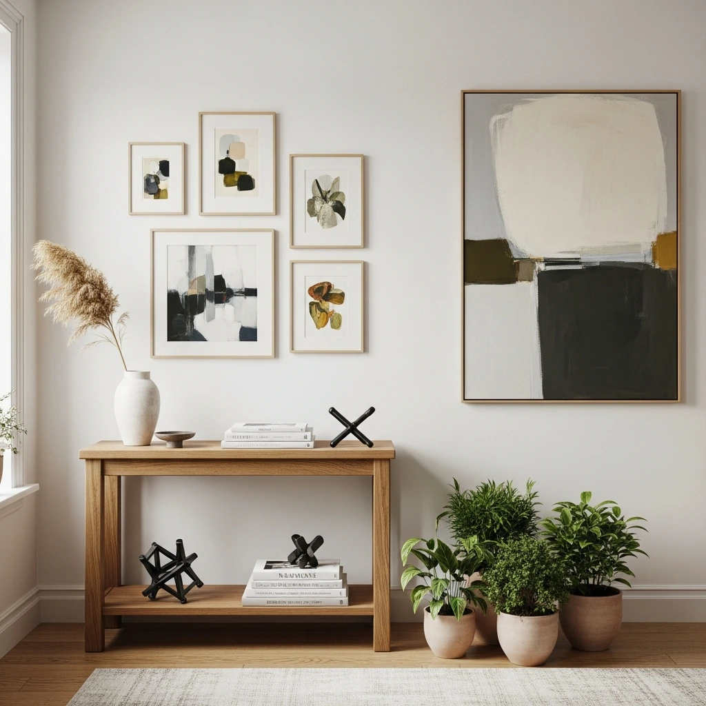 A gallery wall featuring a collection of abstract line art and botanical prints in simple, thin-profile frames of black metal and light wood. The artwork is printed on high-quality, off-white paper with ample negative space. The frames are arranged in a balanced, asymmetrical layout on a crisp white wall above a low-profile console table.