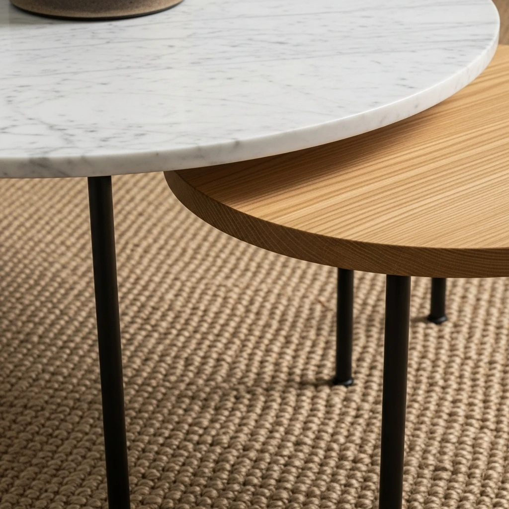 A set of two round, nesting coffee tables. The larger table features a top of white Carrara marble with subtle grey veining, while the smaller table, partially tucked underneath, has a solid, light-finished oak top. Both tables are supported by slim, black-powder-coated steel legs, creating a layered and functional centerpiece on a natural jute rug.