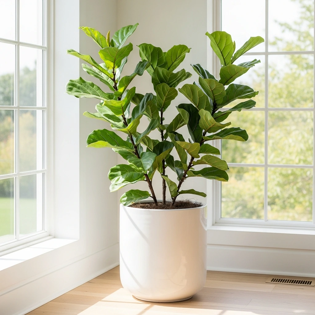 A thriving fiddle-leaf fig plant in a large, simple, cylindrical white ceramic planter placed on the light wood floor next to a large window. The plant's large, waxy, deep green leaves add a vibrant touch of nature and sculptural form to the room, with bright, indirect sunlight highlighting their texture.